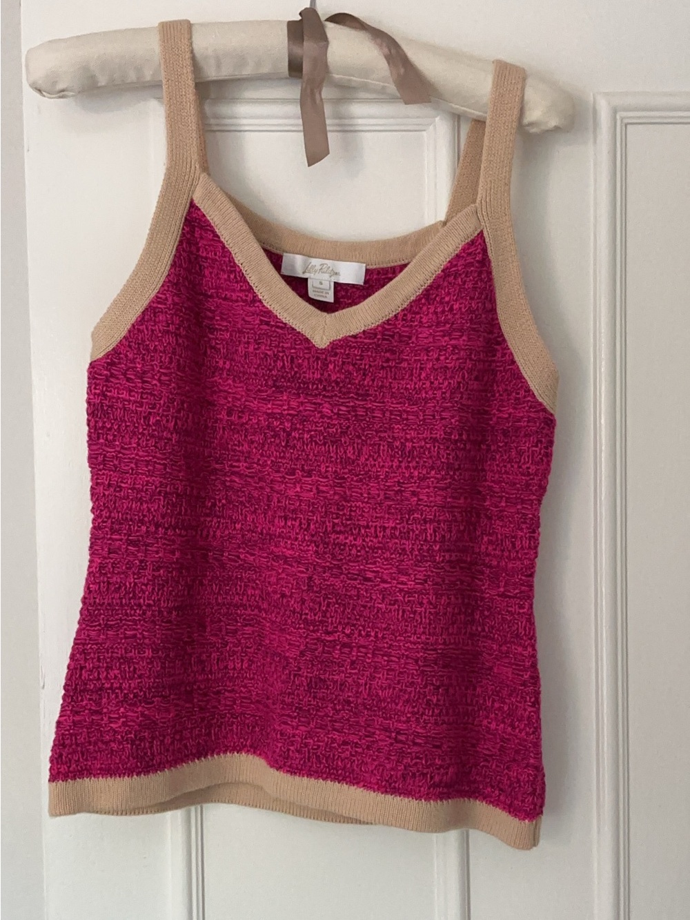 Lilly Pulitzer Fuchsia Knit V-Neck Tank with Tan Trim - size small